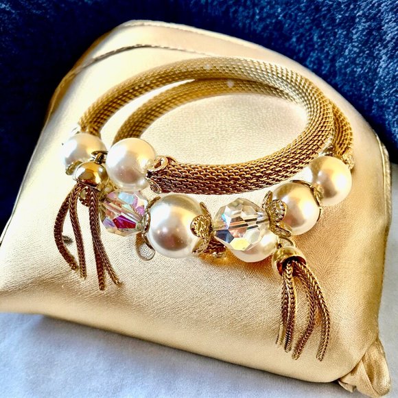 Vintage Gold-tone Bracelet SPRING COIL WRAP Beads Pearls Tassels - Picture 1 of 8